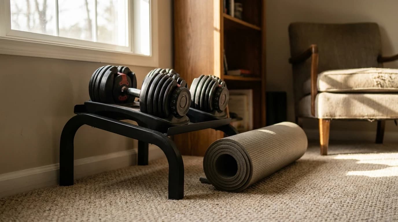 A single pair of adjustable dumbbells resting on a low stand in the corner of a small carpeted bedroom, with a folded exercise mat beside them.