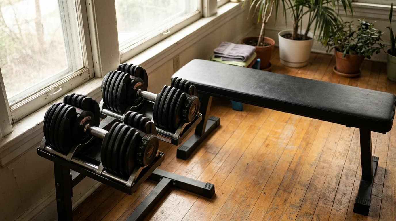 A pair of adjustable dumbbells resting in their cradles on a low stand beside a workout bench in a small home gym, selector dials facing outward.