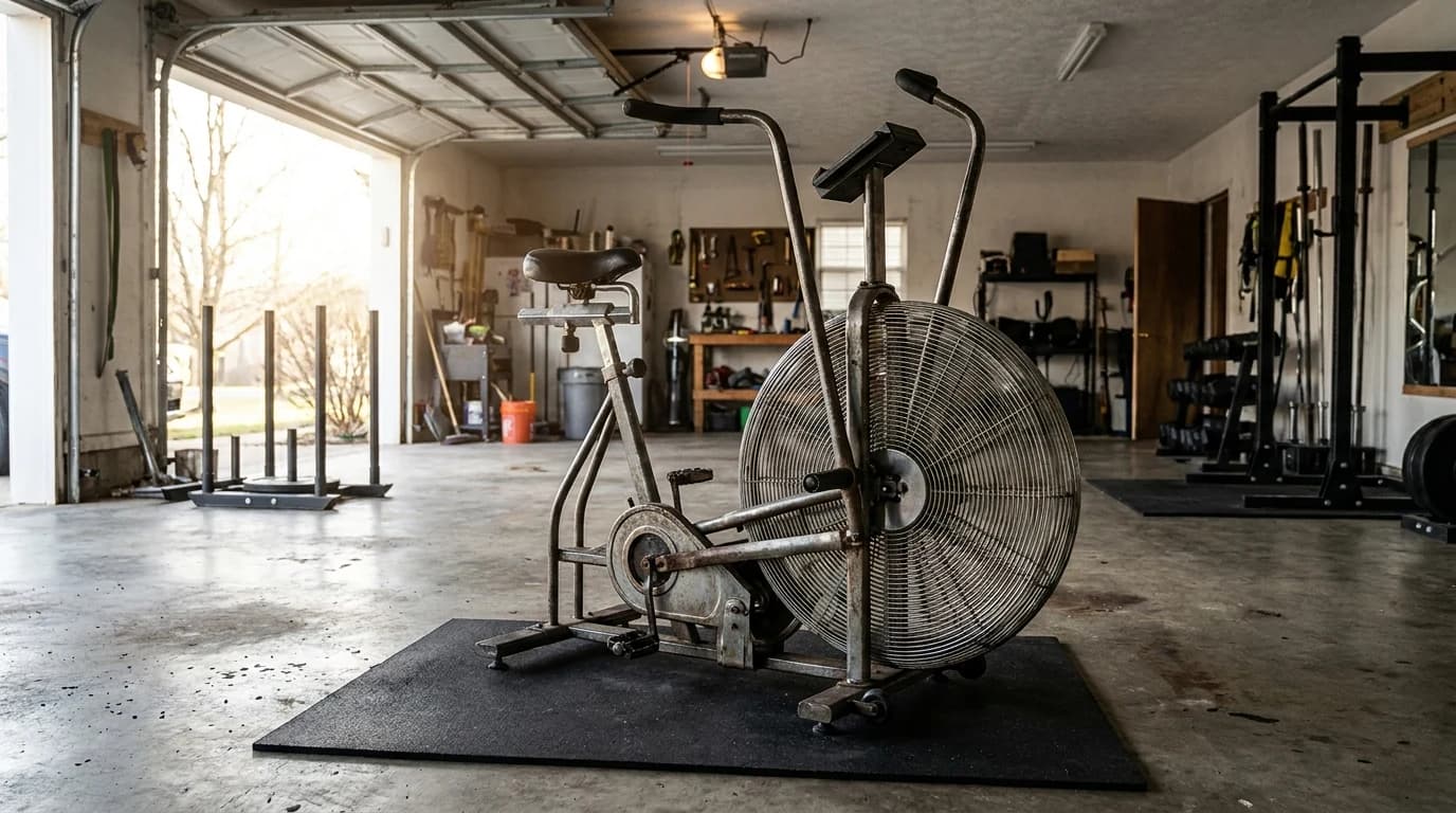 A heavy steel air bike with a large fan wheel standing on a rubber mat in a bright garage gym, handlebars mid-stroke.