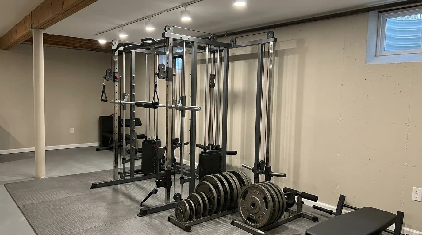 A steel all-in-one home gym with a Smith machine track and dual cable columns standing against the wall of a finished basement, weight plates loaded on the pegs.