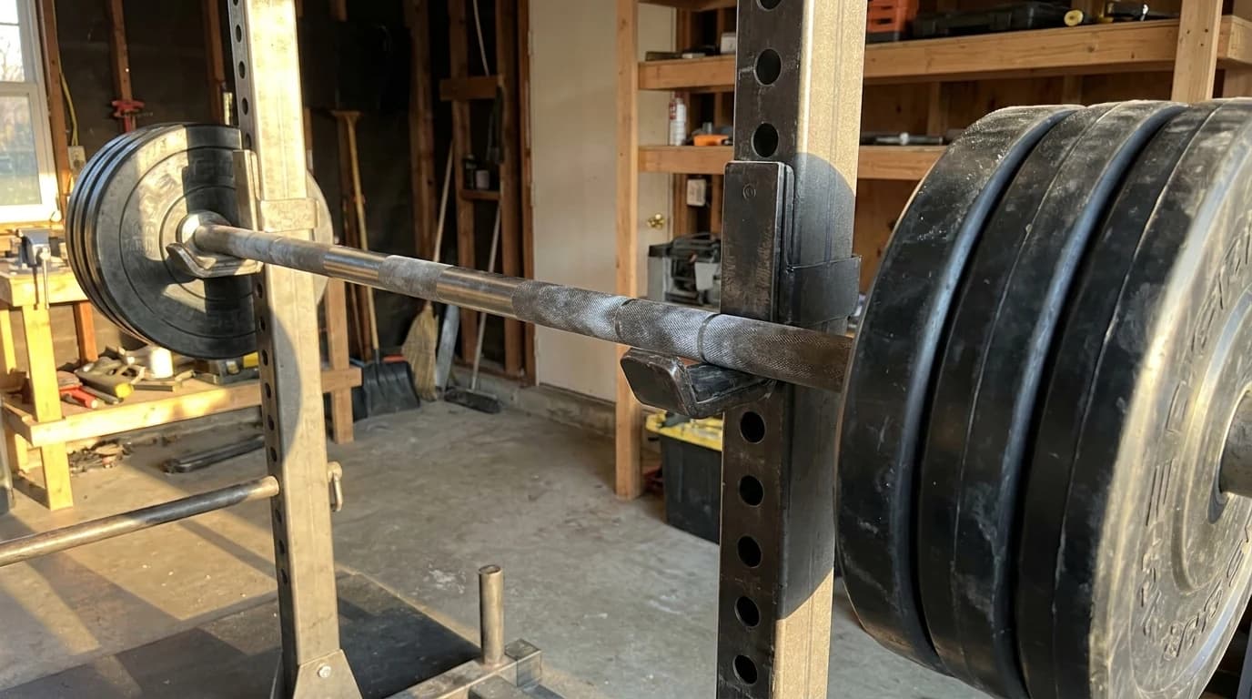 A knurled steel barbell loaded with black bumper plates resting on the safeties of a garage power rack.