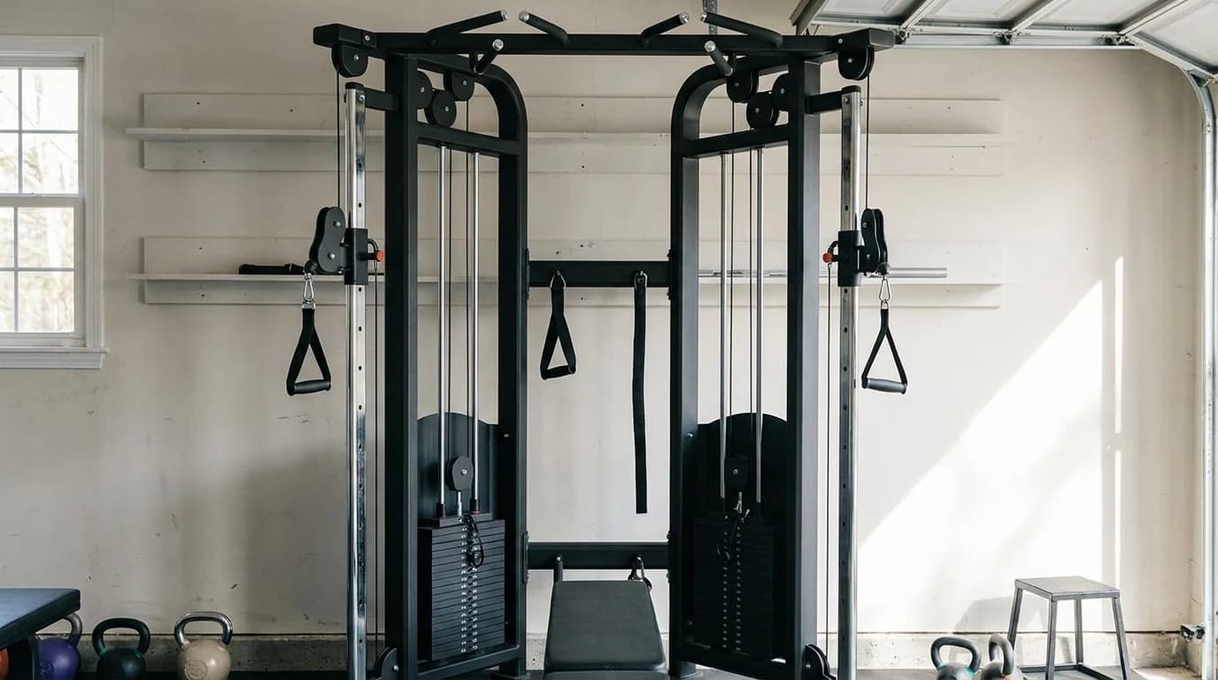 A dual-column functional trainer with adjustable pulleys and two weight stacks standing against a garage wall, D-handles hanging from the cables.