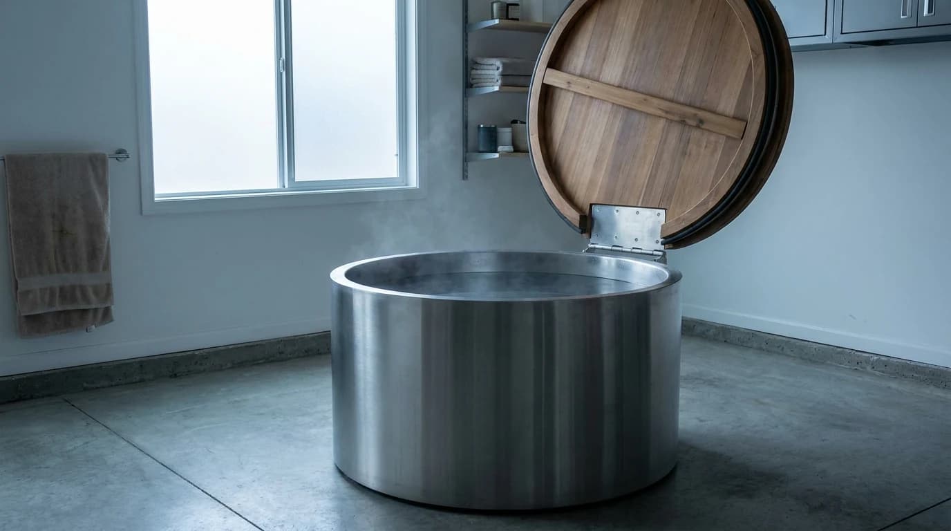 A stainless cold plunge tub with the lid propped open in a garage, water surface still and steaming faintly in cool air.