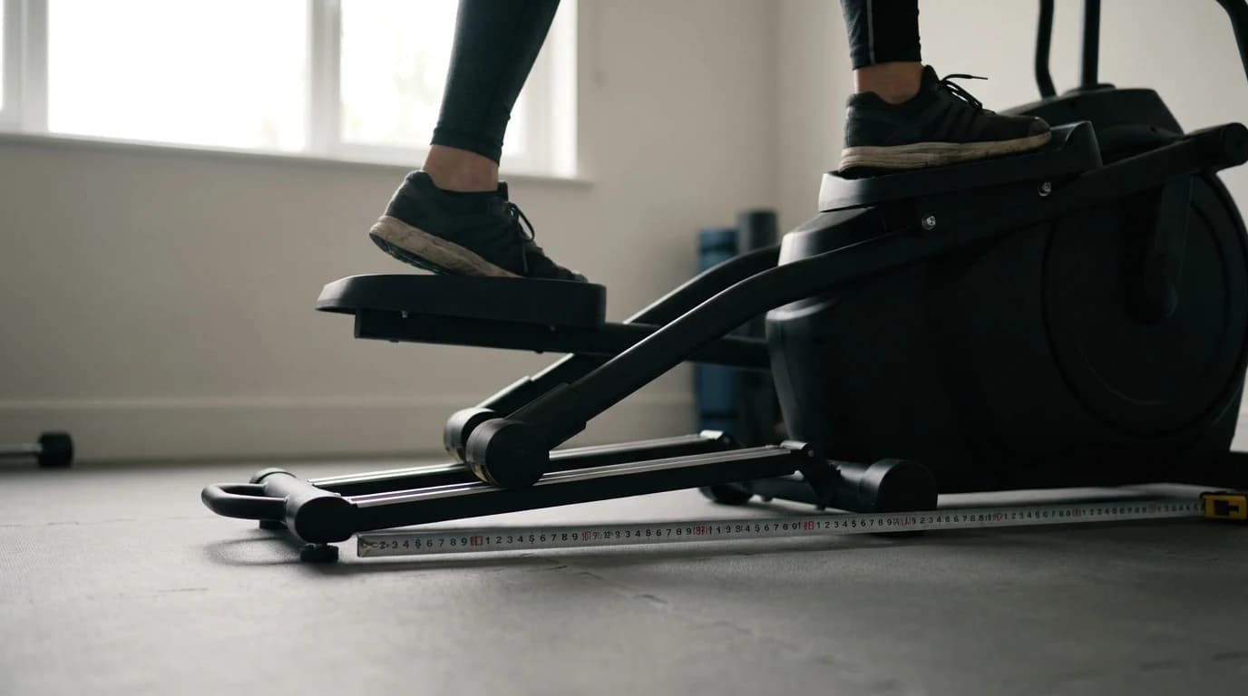 An elliptical trainer photographed at floor level with a tape measure laid along the pedal rail.