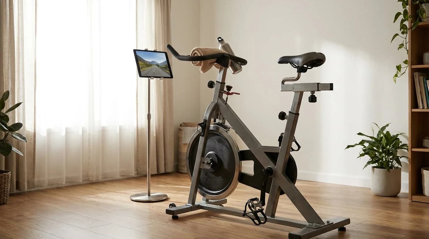 An indoor cycling bike with a weighted flywheel set up in front of a tablet on a stand in a bright spare room.