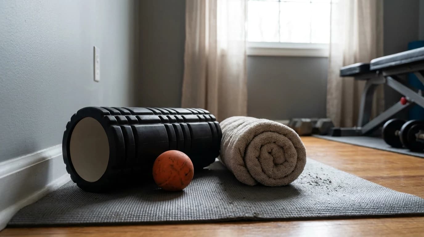 A textured black foam roller and a lacrosse ball lying on a mat beside a rolled towel in a home gym corner.