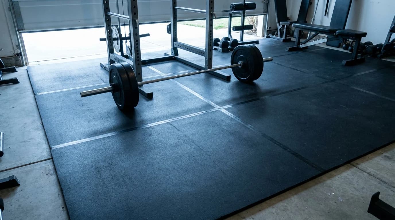 Interlocked black rubber stall mats covering the floor of a garage gym beneath a loaded barbell and a power rack.