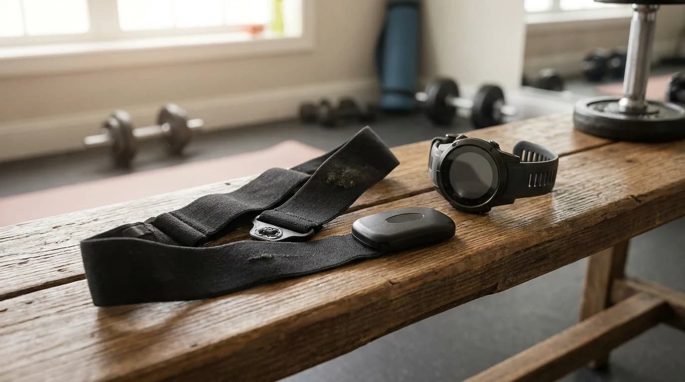 A black elastic heart rate chest strap laid beside a running watch on a wooden bench in a home gym.
