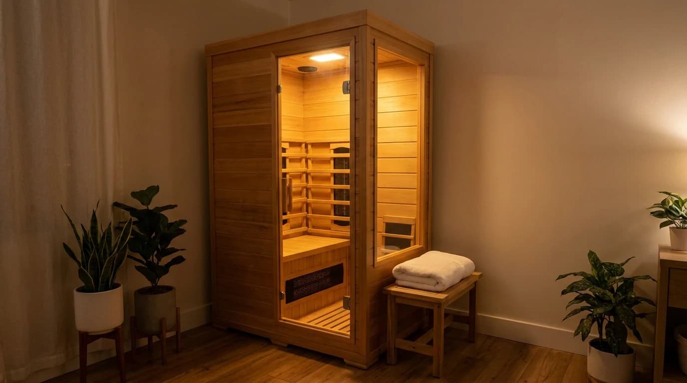 A one-person cedar infrared sauna cabinet with a glass front standing in the corner of a spare room, warm interior glow.