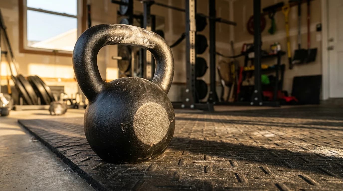 A single powder-coated cast iron kettlebell sitting on a rubber mat in a garage gym with chalk dust on the handle.