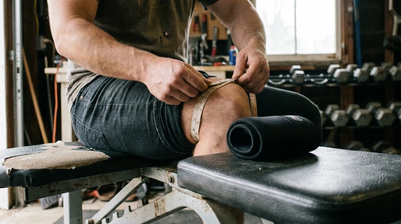 A lifter sitting on a weight bench in a home garage gym, measuring thigh circumference with a cloth tape a few inches above the kneecap, with a rolled neoprene knee sleeve on the bench beside them.