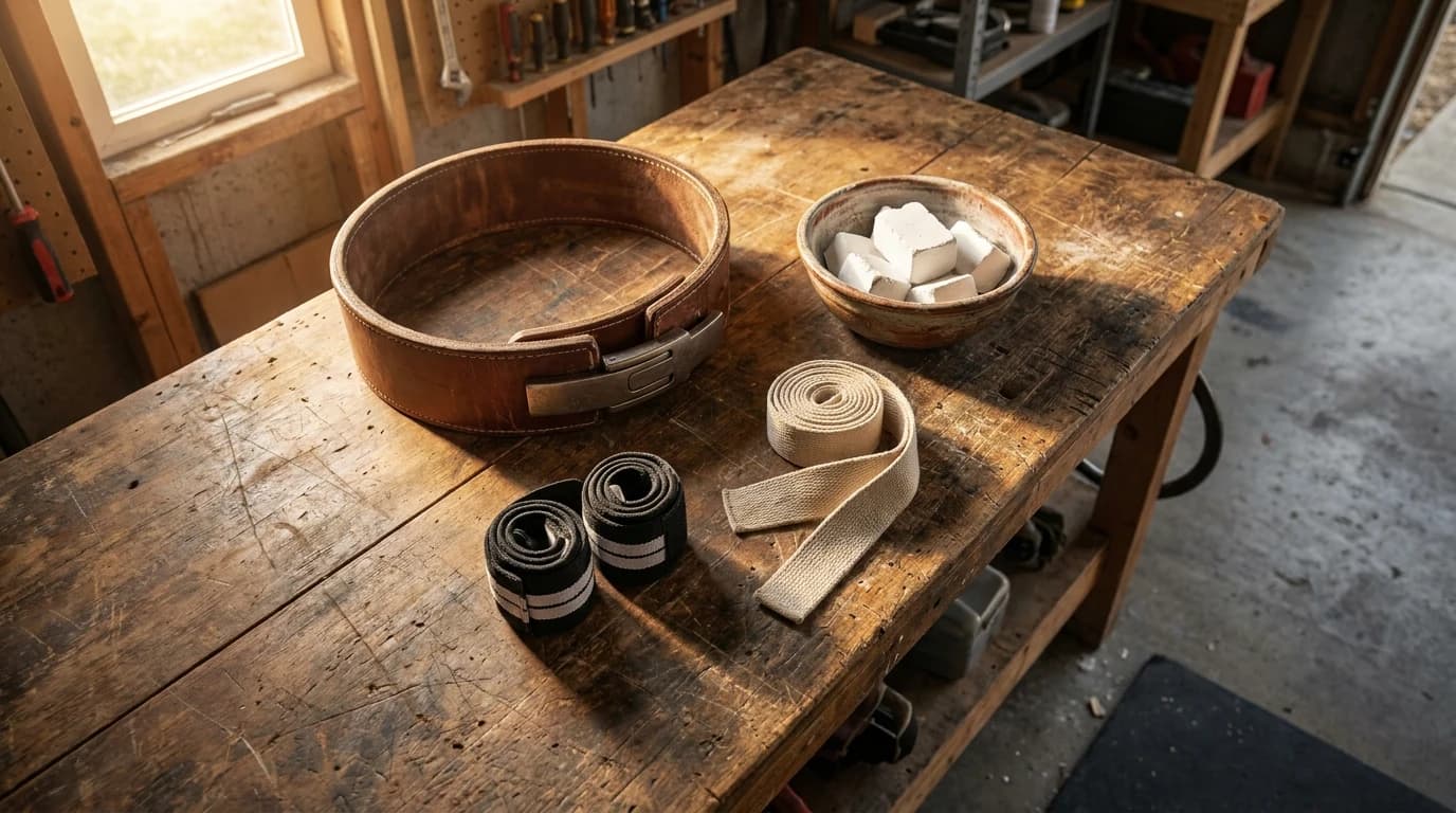 A leather lever lifting belt, a pair of wrist wraps and lifting straps laid out on a wooden bench beside a chalk bowl.