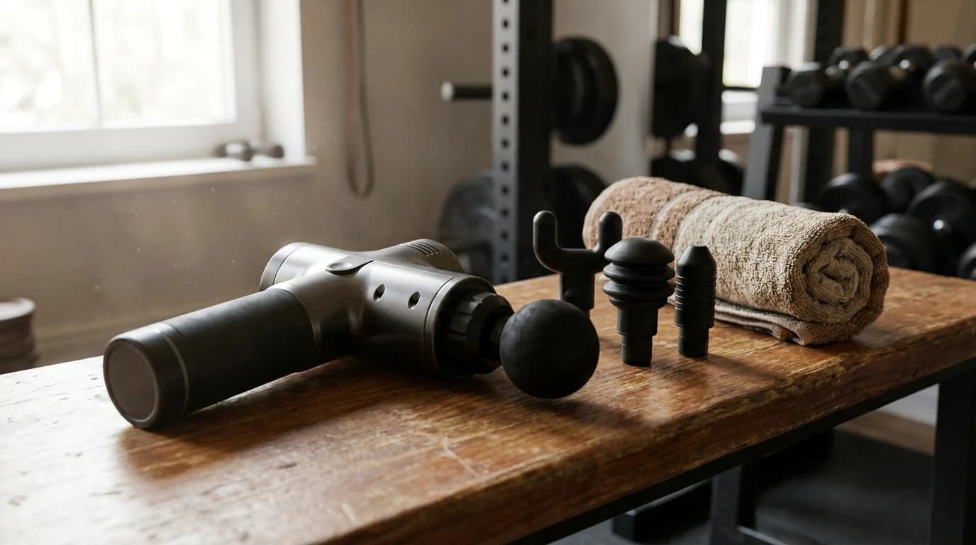 A percussion massage gun resting on a bench beside its attachment heads and a rolled towel in a home gym.