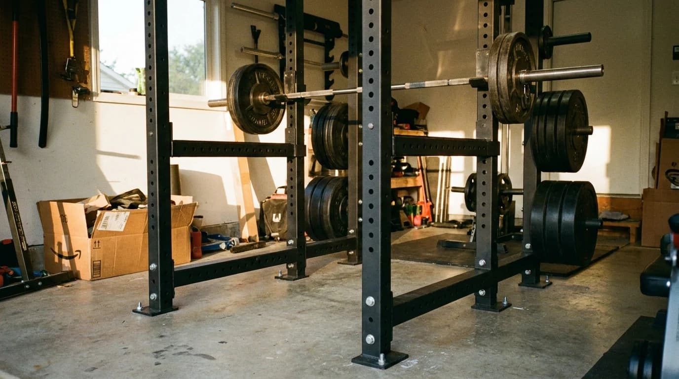 A freestanding 3x3-inch steel power rack bolted to a garage floor, loaded barbell racked on the J-cups with bumper plates on the storage horns.