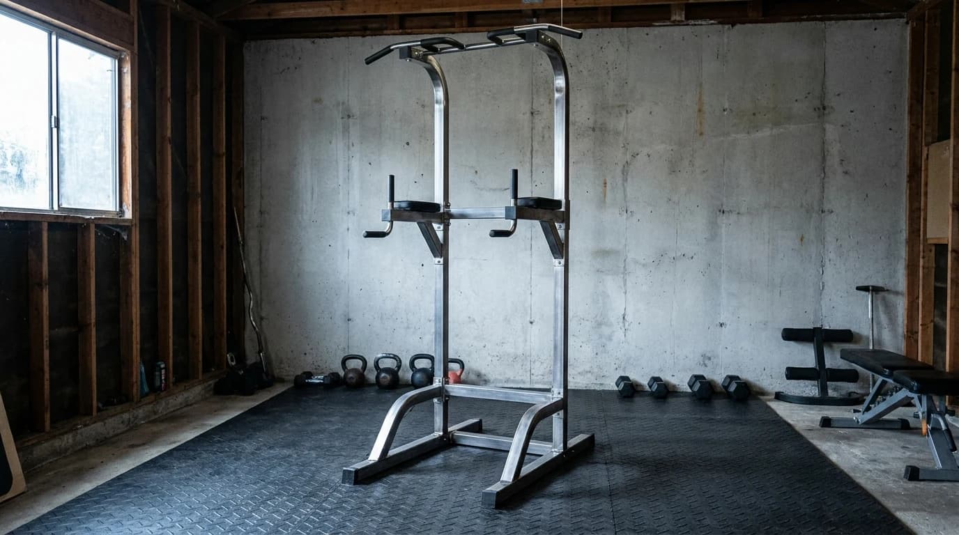 A steel freestanding power tower with pull-up and dip stations standing on a rubber mat in a garage gym.
