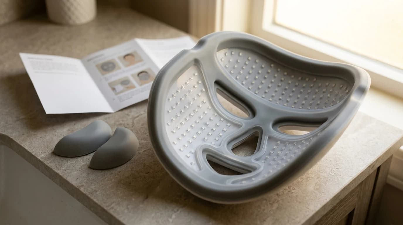 The inner surface of an at-home LED face mask, powered off, showing the dense grid of unlit diodes across its moulded silicone interior.