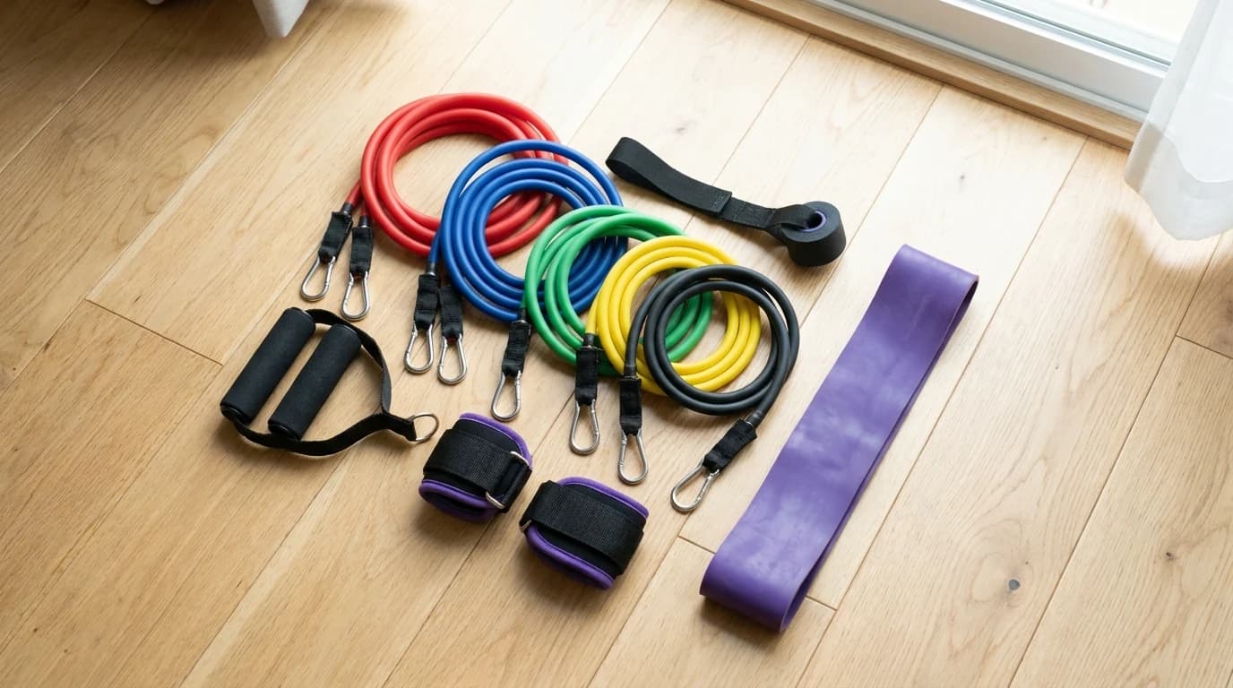 A stackable tube resistance band kit with handles and a door anchor laid out on a wood floor beside a loop band.
