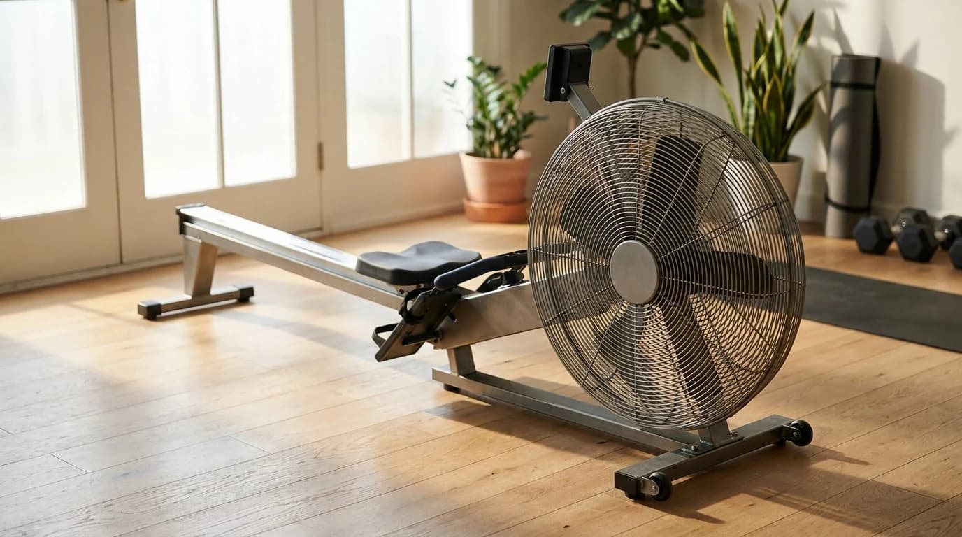 A monorail air rowing machine with a fan flywheel set up on a wood floor in a bright home gym.