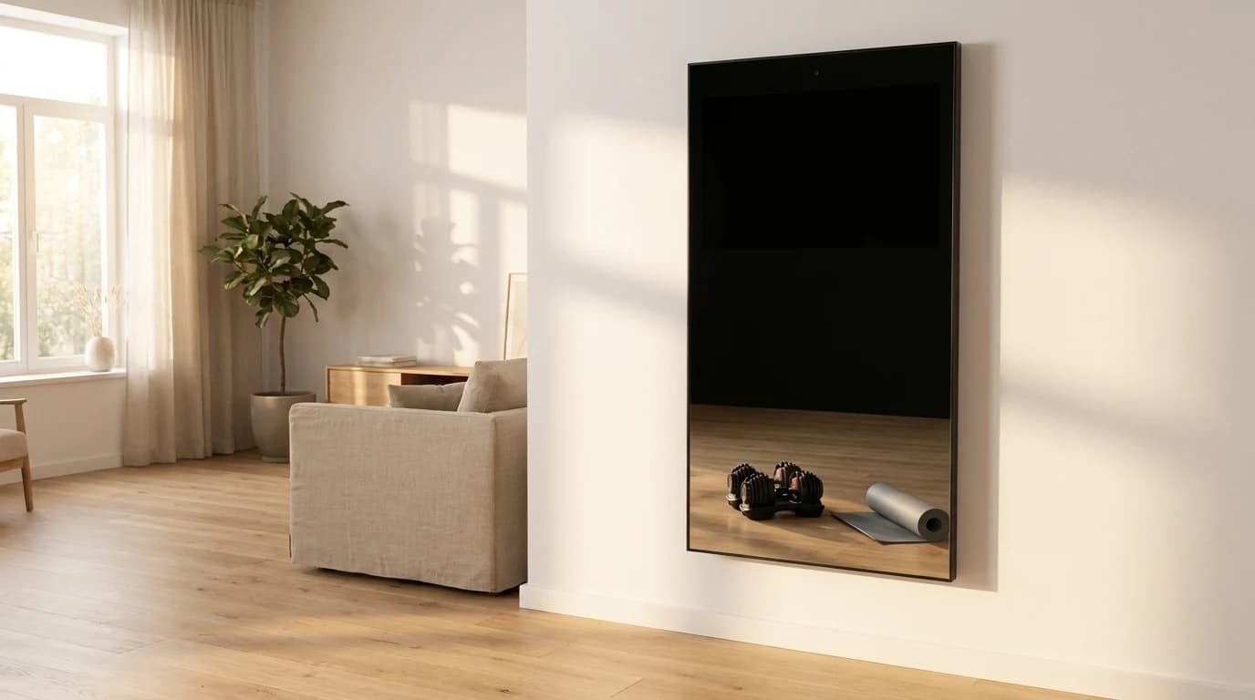 A wall-mounted fitness mirror switched off in a bright living room, reflecting a pair of adjustable dumbbells and a rolled yoga mat on the floor.