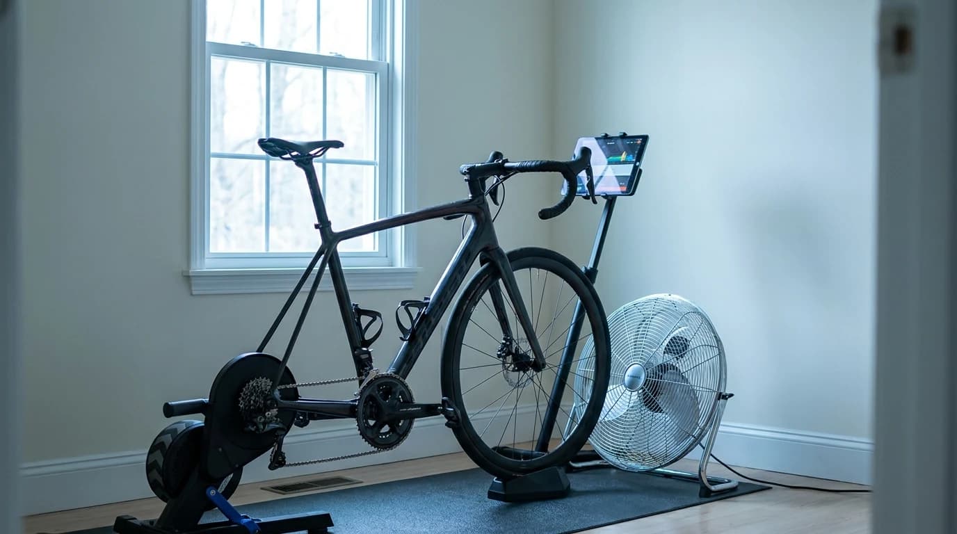 A road bike mounted on a direct-drive smart trainer in a spare room, a floor fan aimed at the front wheel and a tablet propped on a stand beside the handlebars.