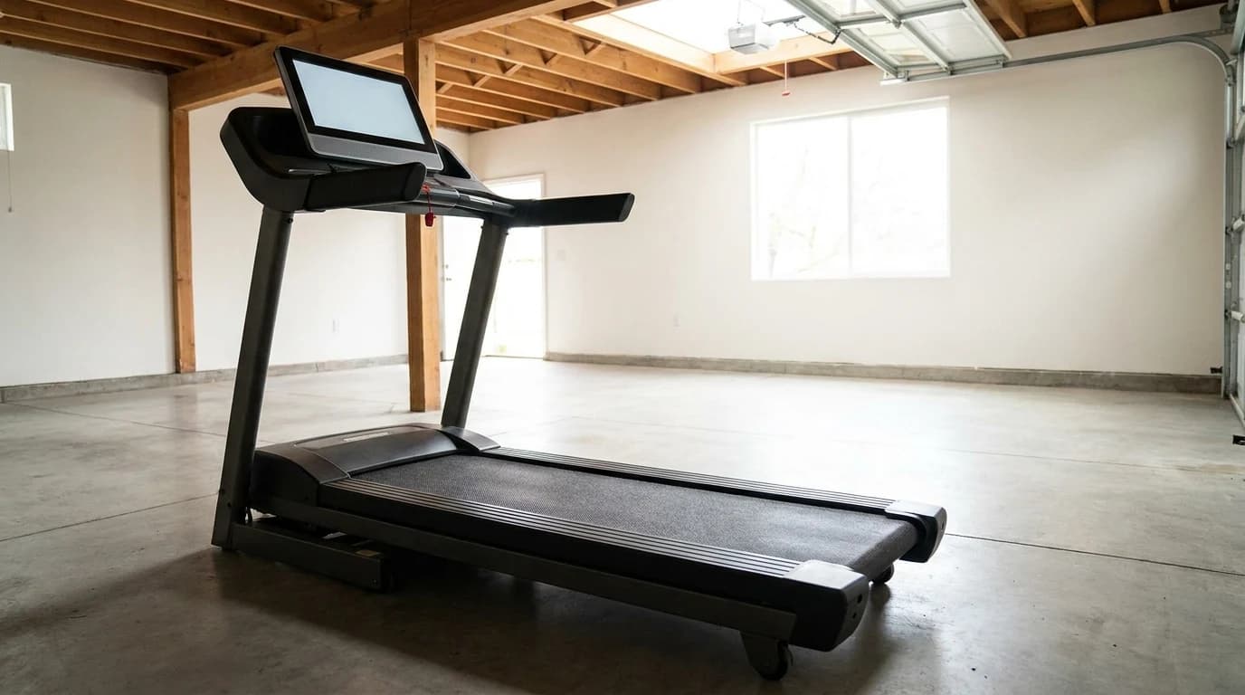 A high-frame-mass home treadmill with a long running deck and touchscreen console, positioned with clear floor space behind it in a converted garage room.