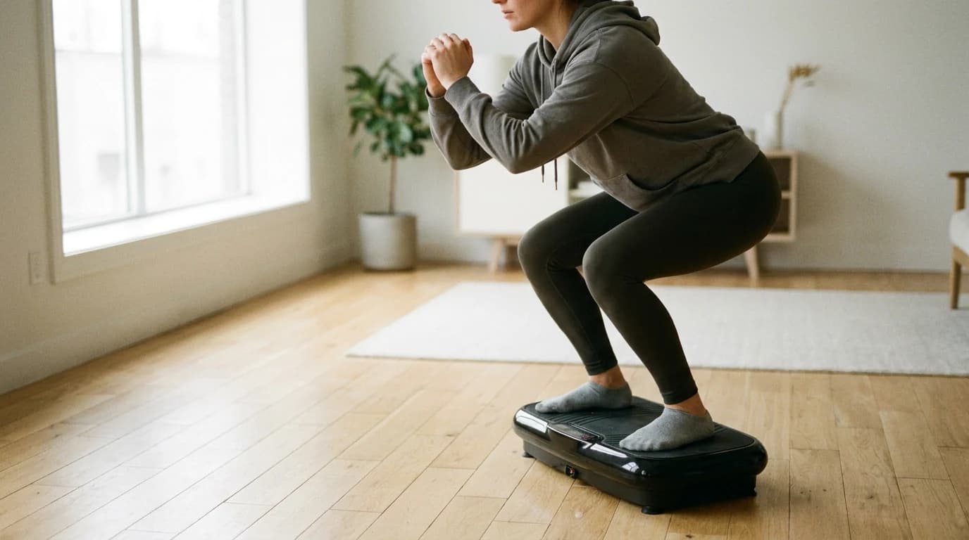 A person standing in a shallow squat hold on a low-profile vibration plate in a bright home living room.