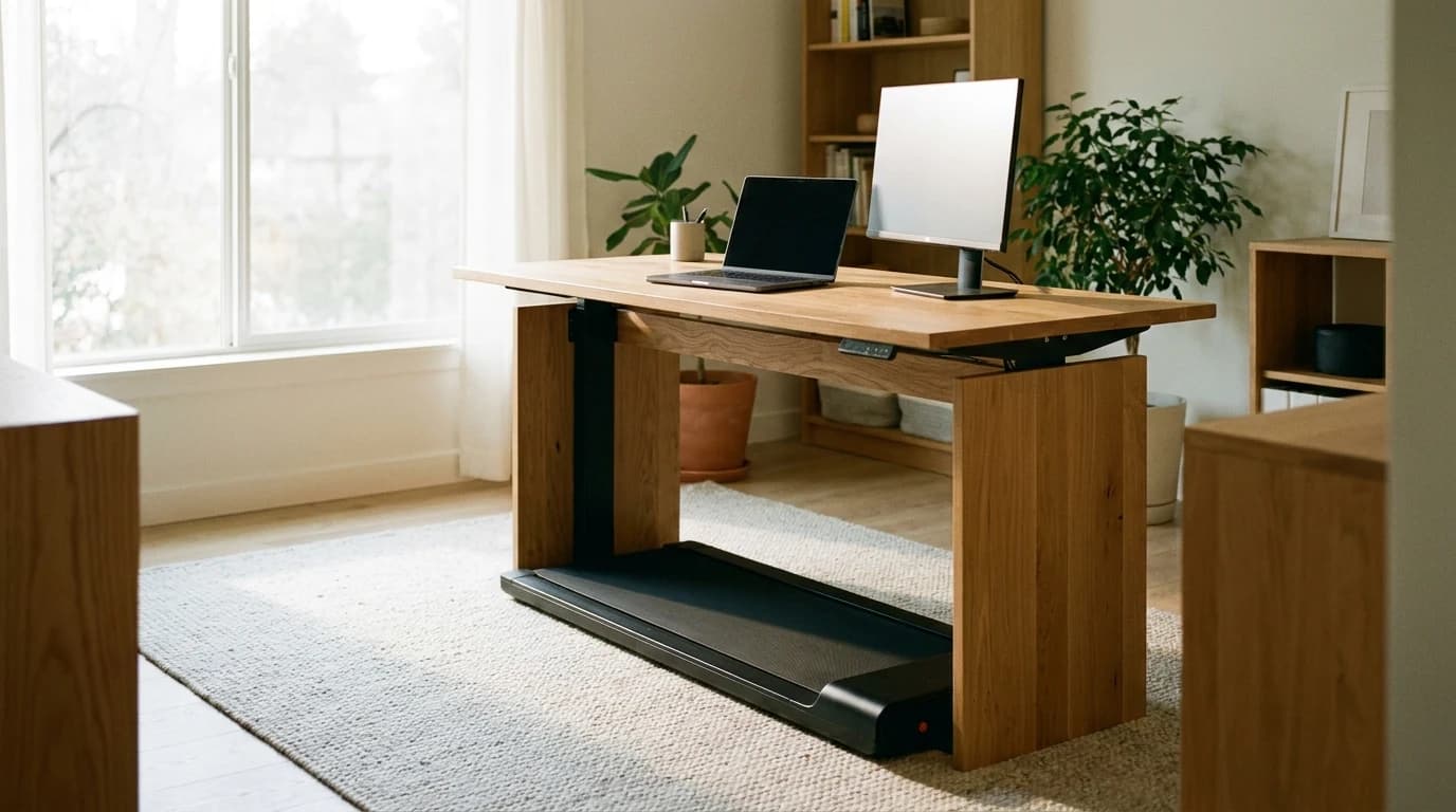 A slim walking pad running under a raised standing desk in a home office, with a laptop and monitor above it.