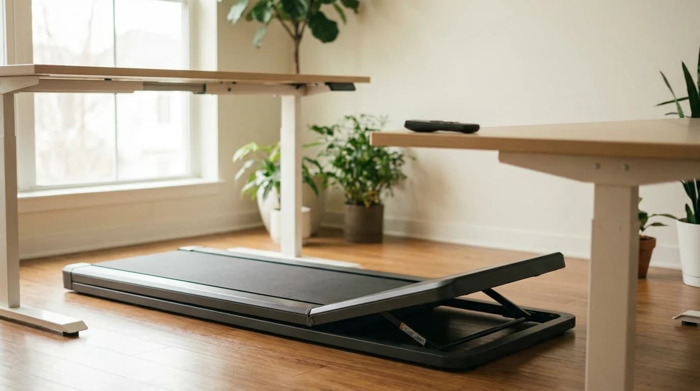 A slim under-desk walking pad on a wood floor beneath a standing desk, with one end of the deck raised on a powered incline riser and a small handheld remote resting on the desk edge.