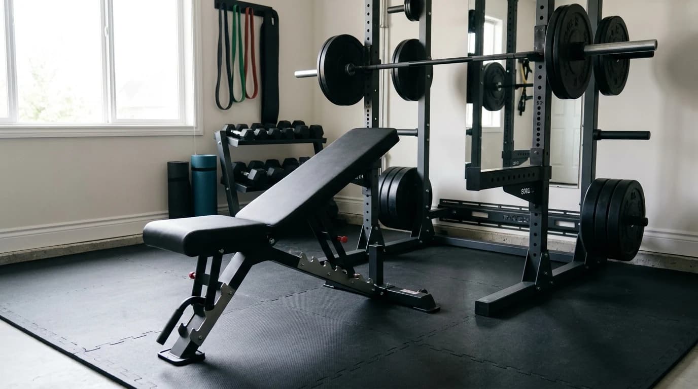A firm-padded adjustable weight bench set at a low incline inside a garage home gym next to a power rack.