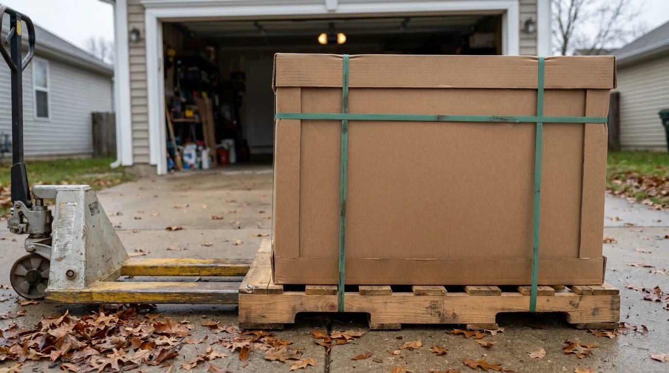 A large plain cardboard freight box strapped to a wooden pallet in a residential driveway, with a pallet jack beside it and an open garage behind.