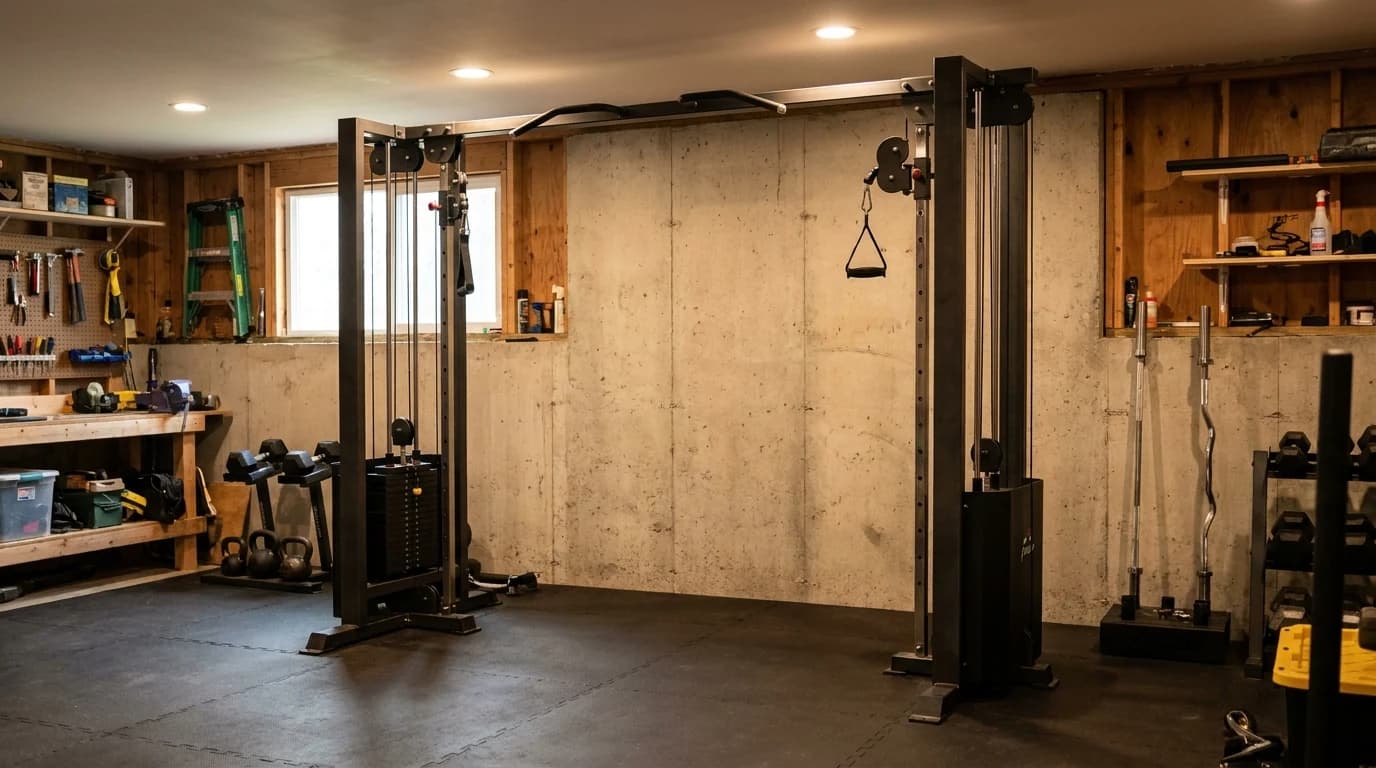 A dual-stack cable functional trainer in a home gym with the adjustable pulley set high and a handle attached.