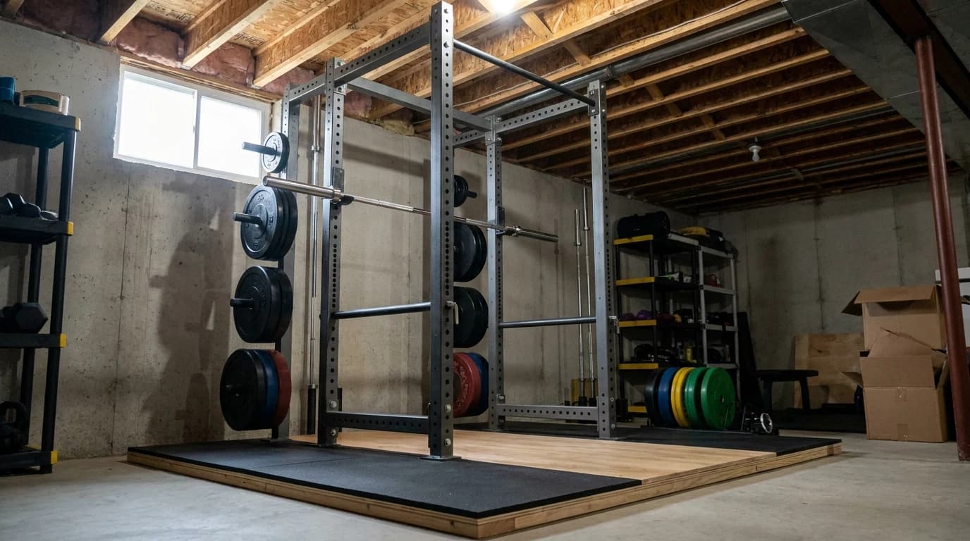 A loaded power rack standing on a plywood-and-rubber lifting platform in a home gym.