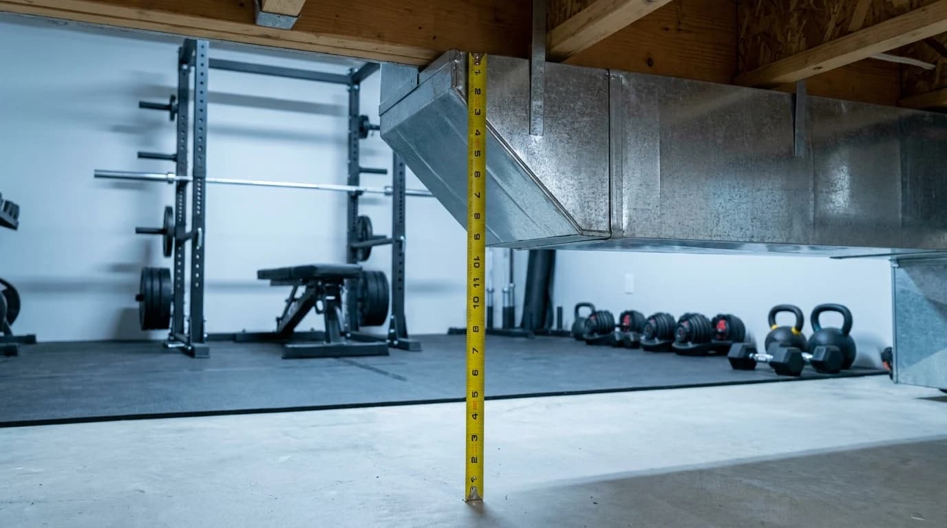 A tape measure running from the floor of a basement gym up to an HVAC duct hanging below the ceiling joists.