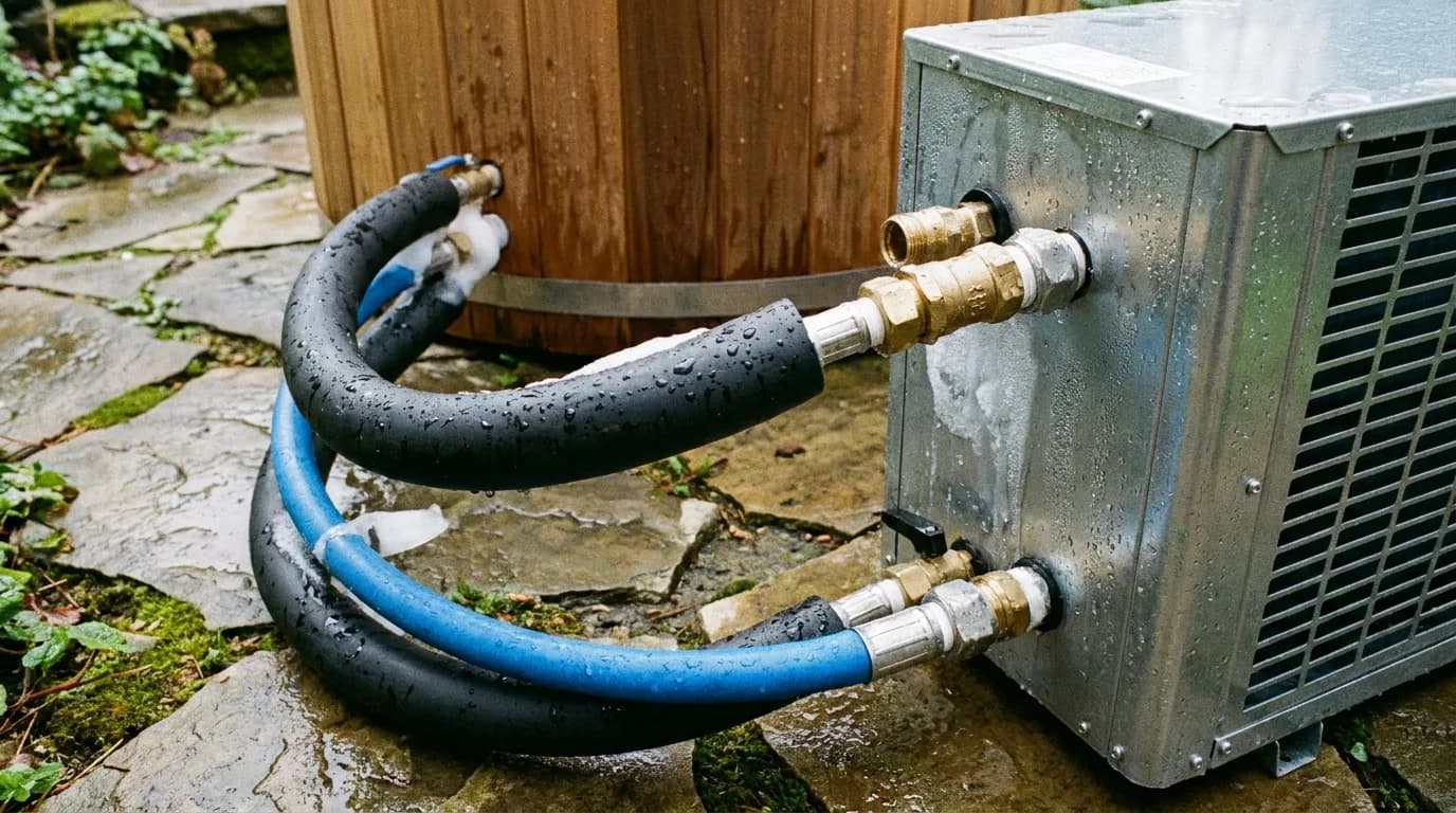 A cold plunge chiller unit sitting on a concrete pad beside an insulated tub, with two insulated hoses running between them.
