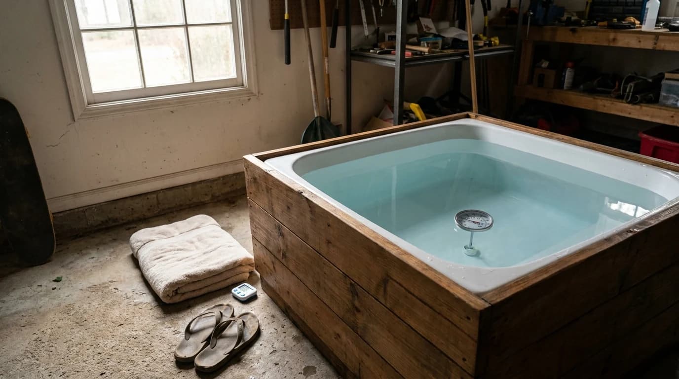 A home cold plunge tub filled with clear water and a floating thermometer, sitting on a garage floor beside a folded towel.