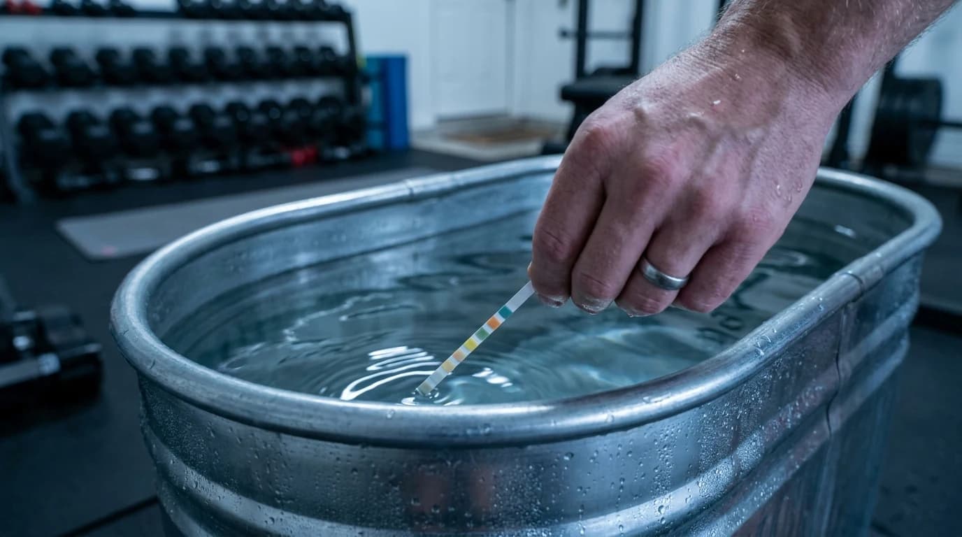 A hand dipping a water test strip into the surface of a home cold plunge tub.
