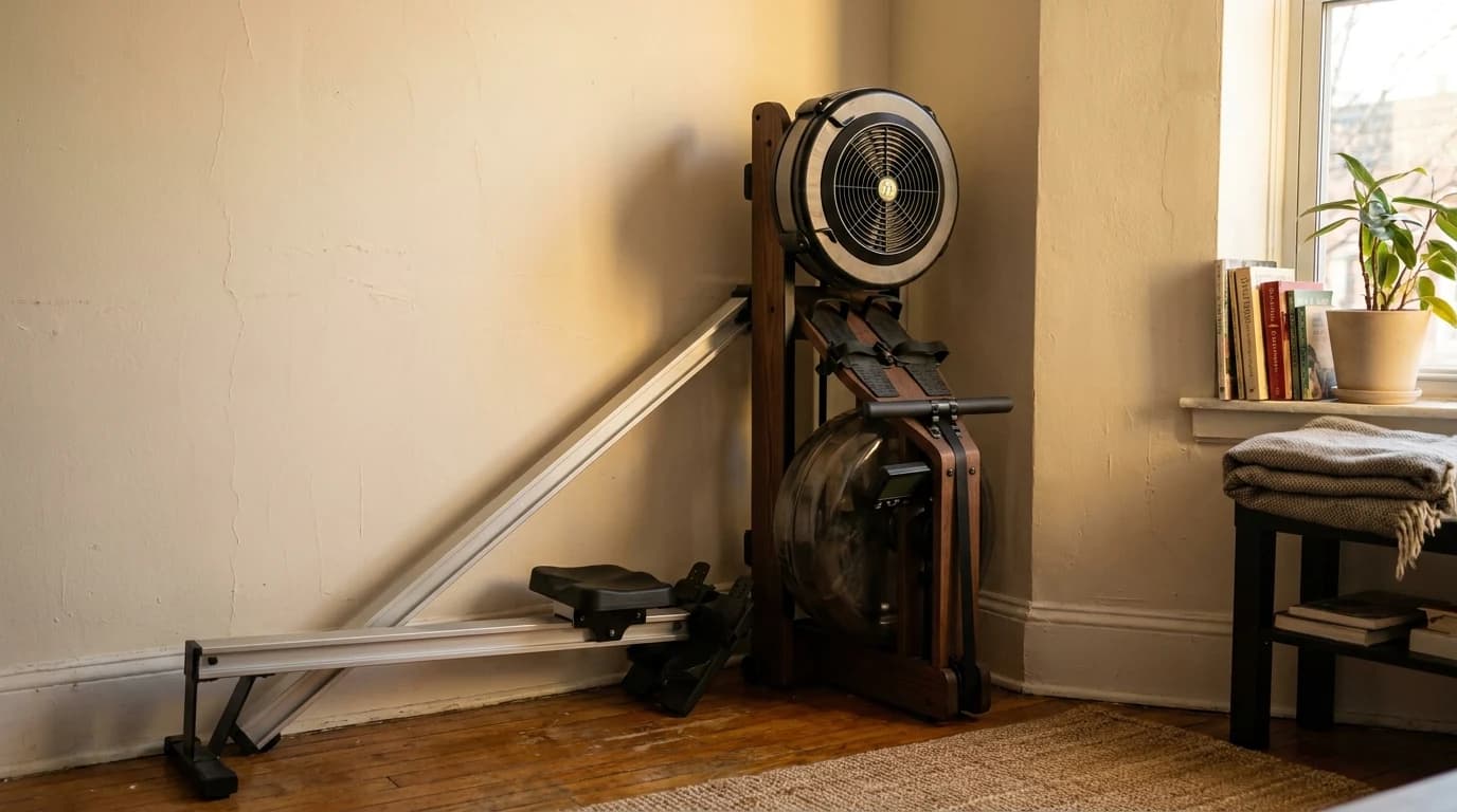A Concept2-style air rower separated into two pieces and standing upright in the corner of an apartment living room.