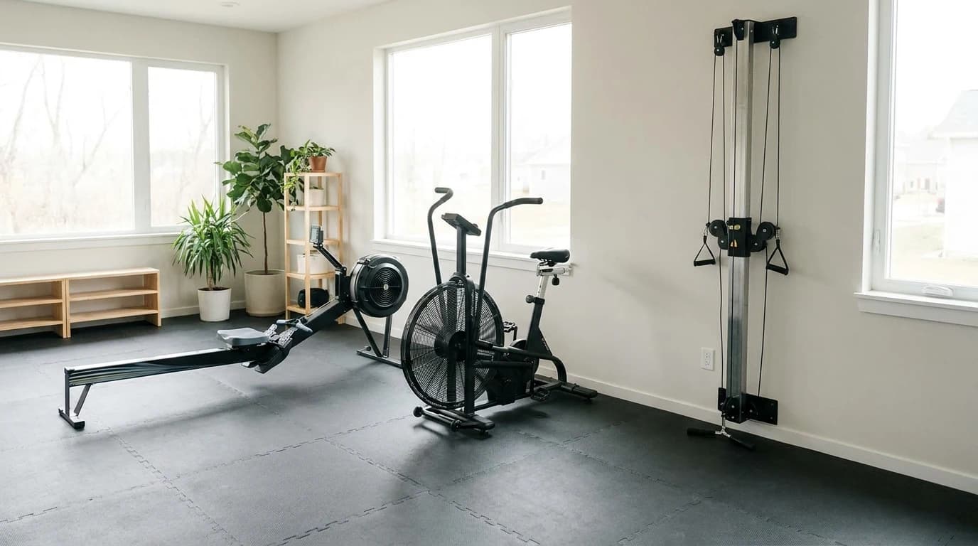Three air-resistance ergs — a rower, an upright bike, and a wall-mounted ski trainer — arranged along one wall of a home gym.