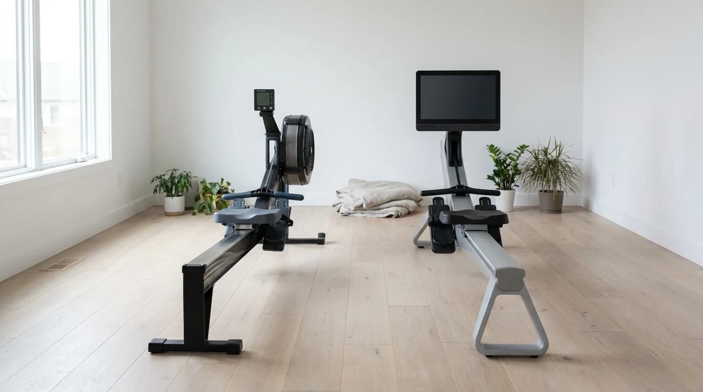 An air-resistance rowing machine and a screen-forward magnetic rower positioned side by side in a bright spare room, the air rower's chain and flywheel cage visible, the other showing a large blank display panel.