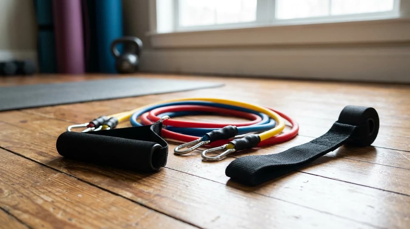 A set of stackable resistance tubes clipped to a single handle and anchored in a door frame in a small home gym.