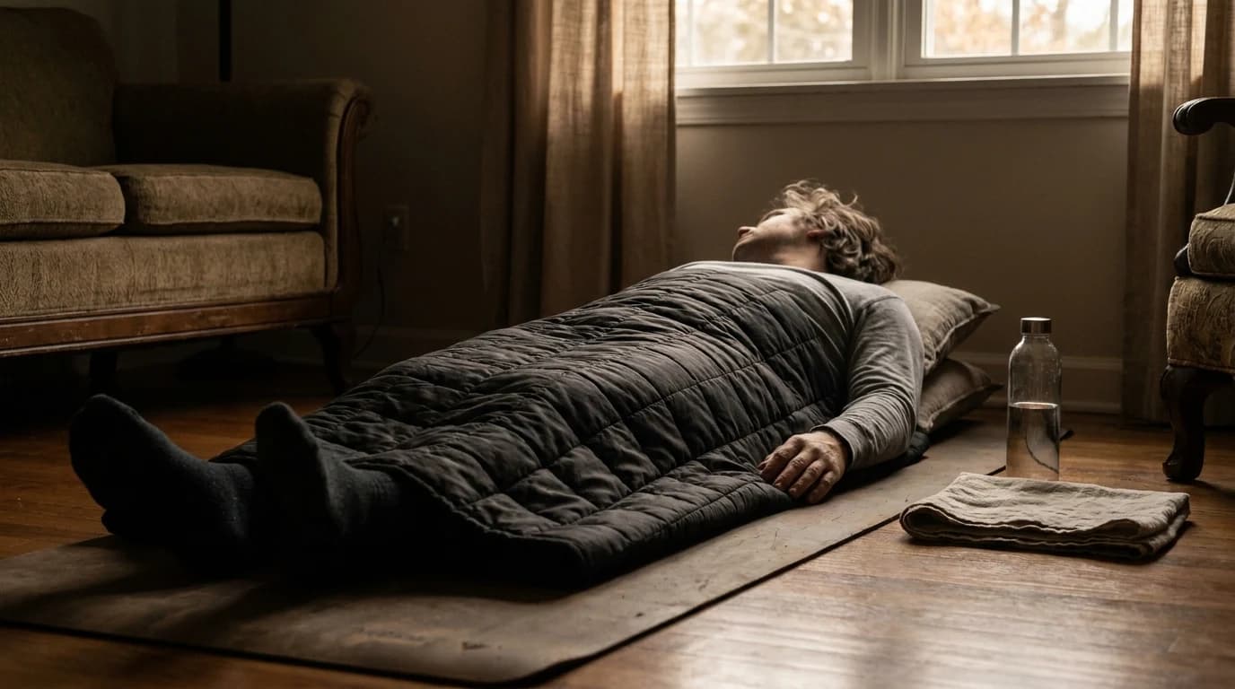 An adult resting in a generic sauna blanket, with cotton clothing, water and a towel nearby