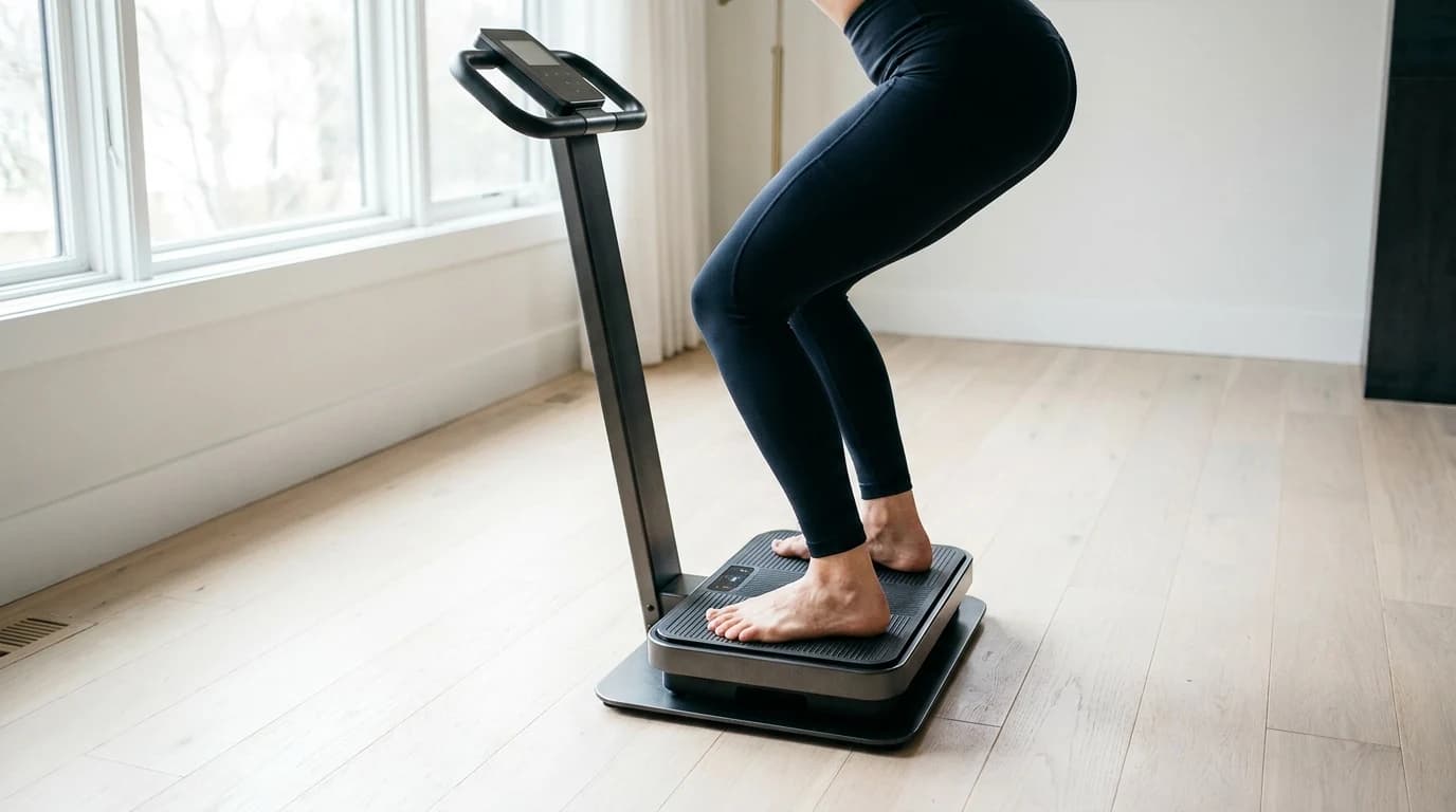 A vibration plate on a hardwood floor with a person's feet planted on it mid bodyweight squat, hands resting on the console handle.