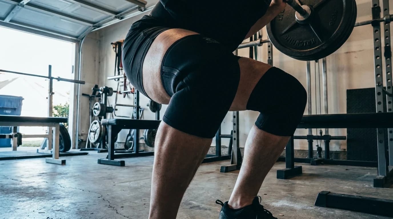 A pair of black neoprene knee sleeves pulled up over a lifter's knees at the bottom of a barbell back squat in a home garage gym.