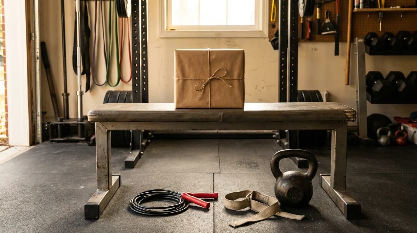 A wrapped gift box on a workout bench in a home garage gym, surrounded by a kettlebell, a jump rope and a pair of lifting straps.