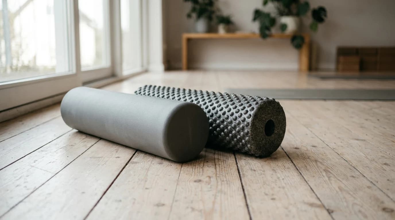 A textured foam roller and a smooth foam roller side by side on a wooden studio floor in morning light
