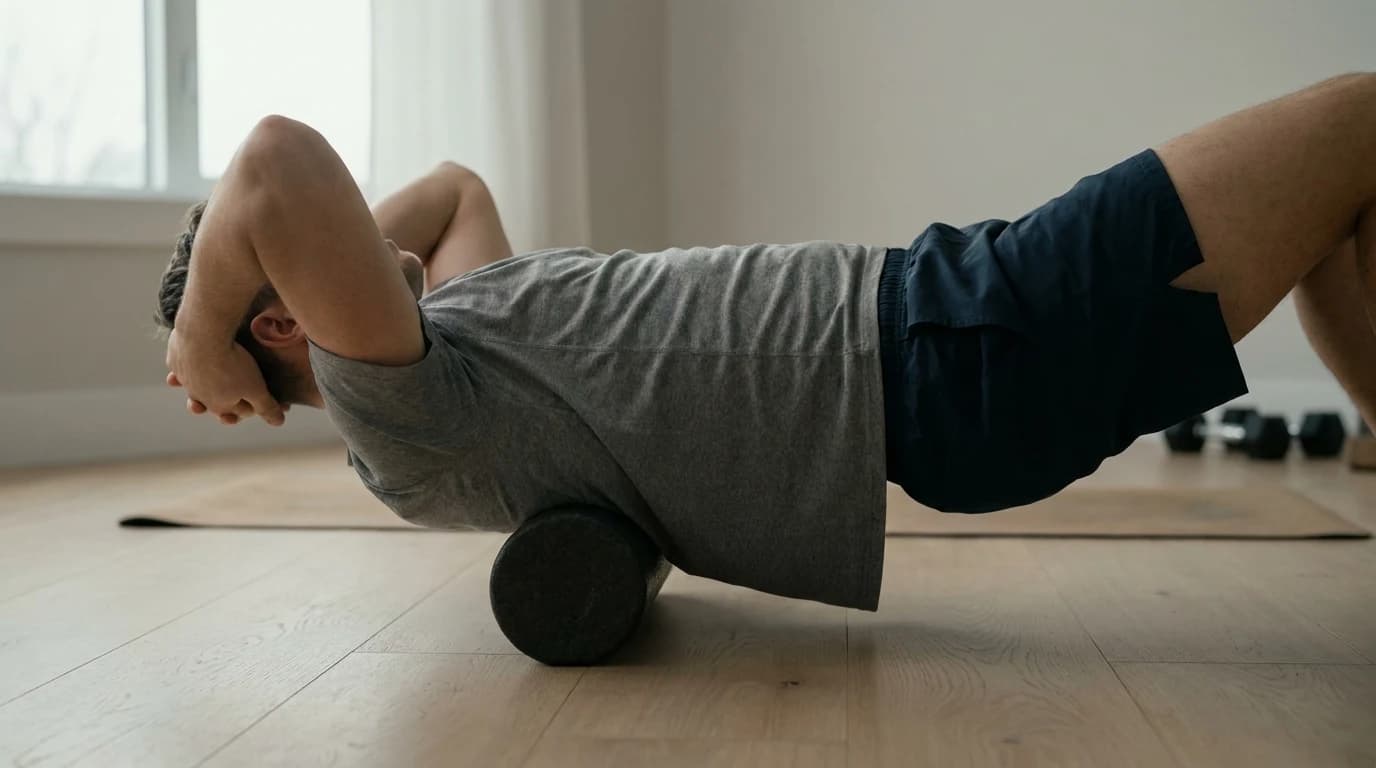 An adult lying face-up on a wood floor with the upper back across a foam roller, hands behind the head and elbows drawn together toward the ceiling.