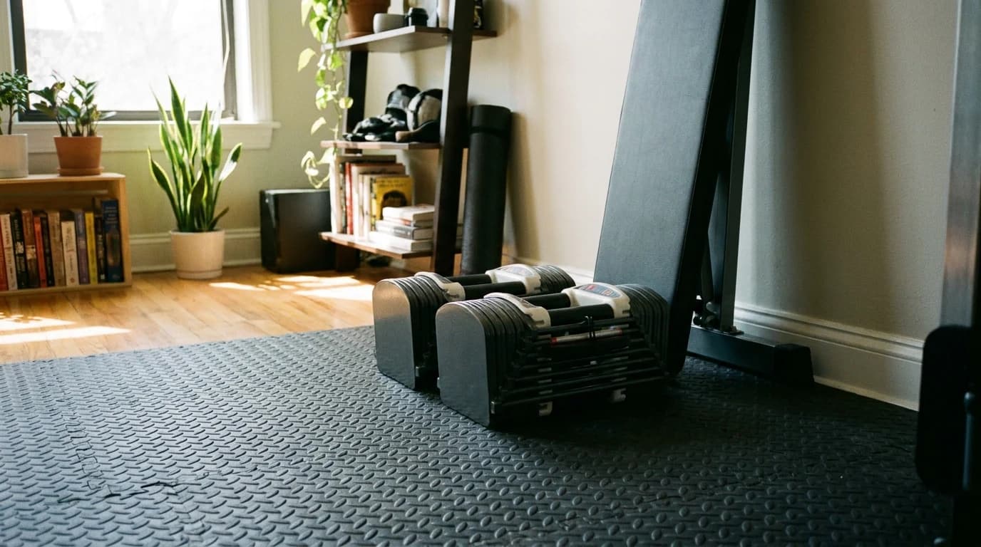 A single pair of adjustable dumbbells set down on a rubber mat beside a folded bench in a small spare-room home gym.