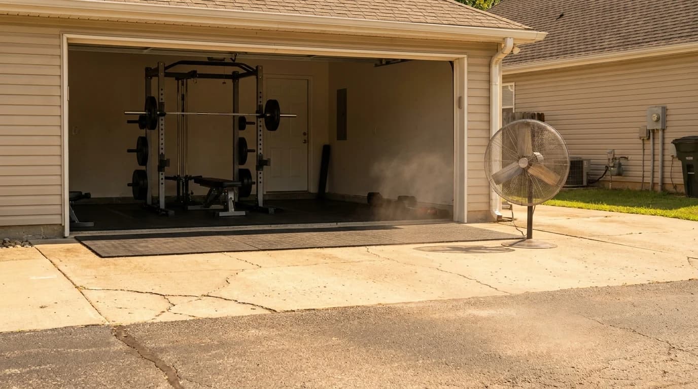 An open garage door on a bright summer afternoon showing a barbell, rack and a floor fan aimed into the space from the driveway.