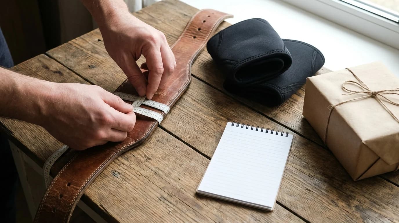 Hands measuring a brown leather lifting belt with a cloth tape on a wooden table, next to a pair of black neoprene knee sleeves, a blank notepad and a gift box wrapped in kraft paper.