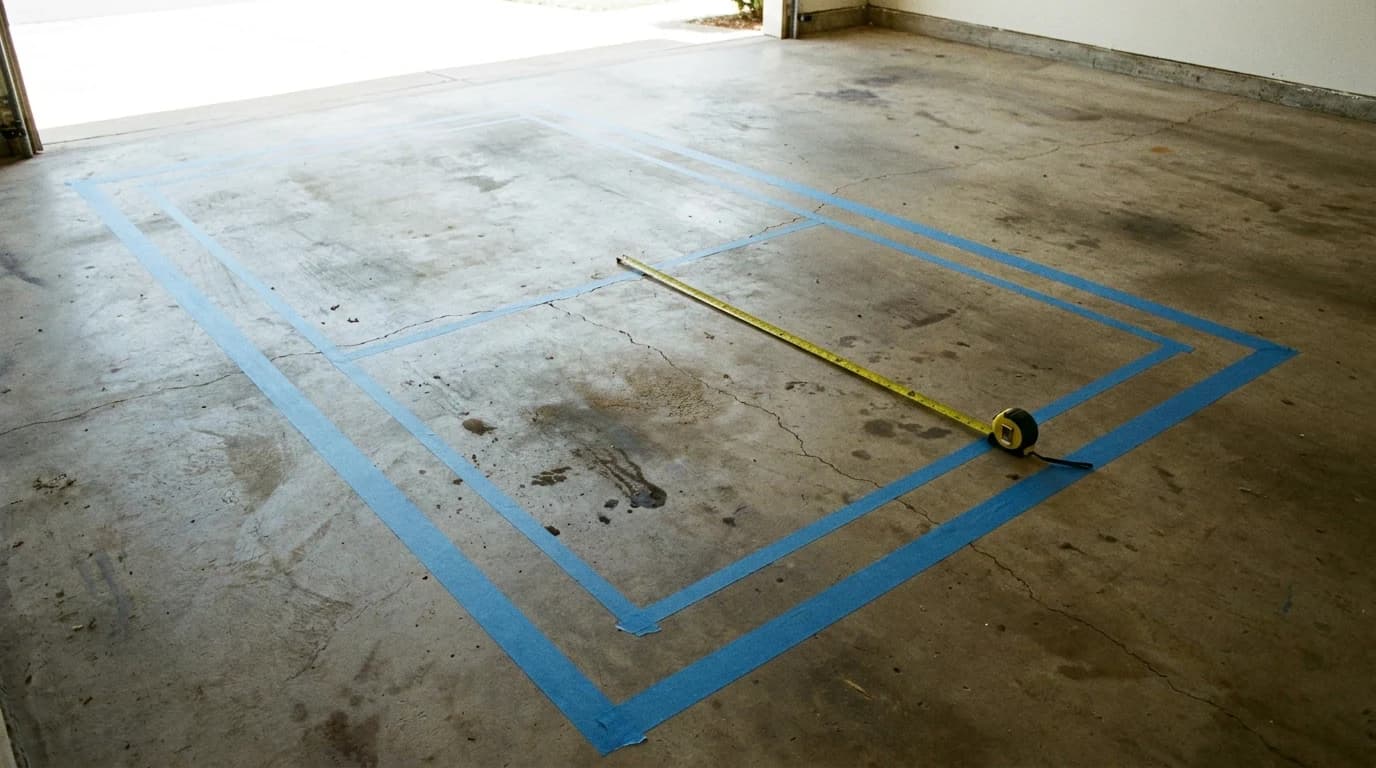 Painter's tape marking an equipment footprint and a clearance border on an empty garage floor, with a tape measure lying across the marked rectangle.